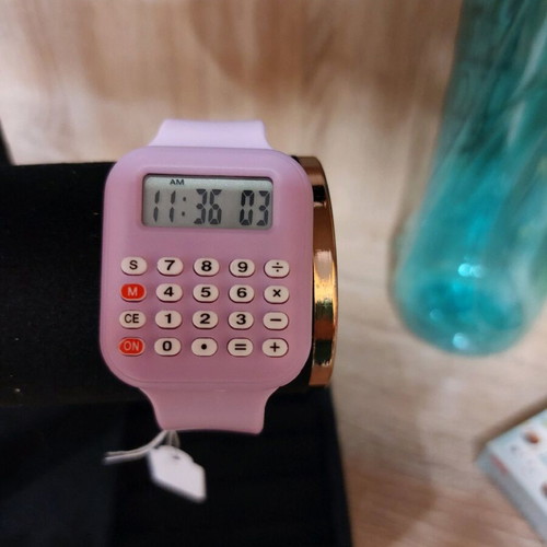 Digital watch with calculator new, pink with silicone strap
