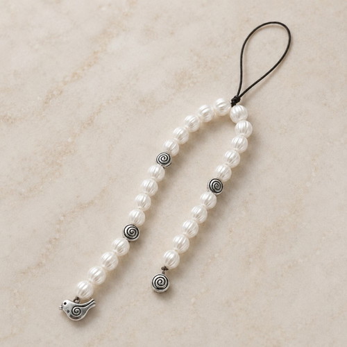 Handmade mobile phone charm with pearls and metal bird ZP-001