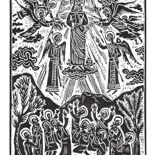 Handmade religious linocut Ascension of Christ new
