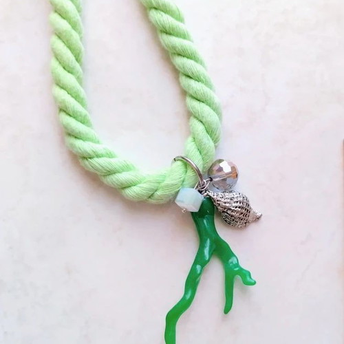 Necklace long mint green charm summer rope with coral charm new