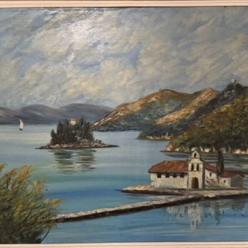 Oil painting new with seaside landscape and small building on islet