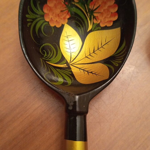Set of 5 Authentic Russian Khokhloma Wooden Spoons, Vintage Soviet Era