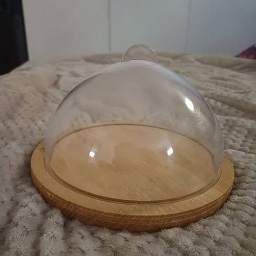 Wooden small serving dish new with bamboo base and plastic lid