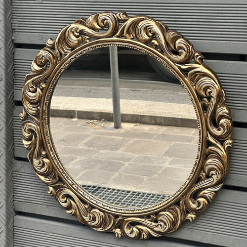 Vintage round wall mirror Baroque gold tone used