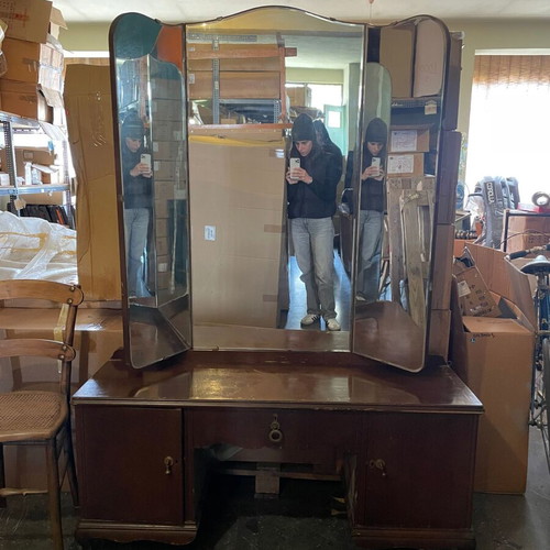 Vintage dressing table with triple mirror used, solid wood
