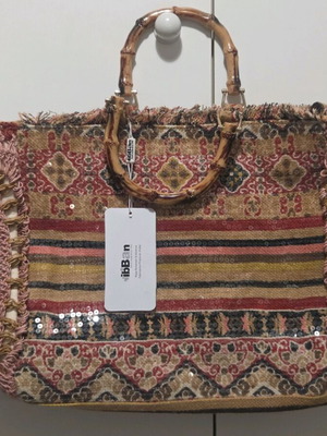 IbBan handbag new, multicolor with Phulkari decorations and bamboo handles