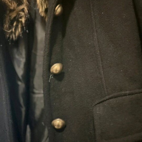 Black coat like new with fur collar and back slit