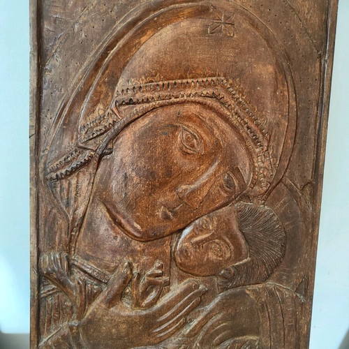 Huge wooden carved icon of the Virgin Mary with Christ