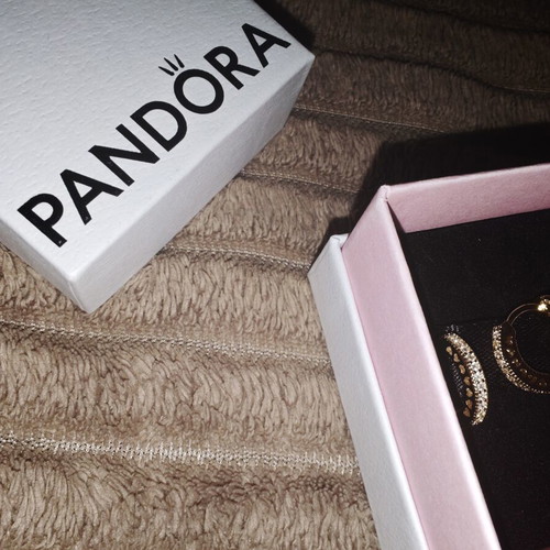 Pandora hoop earrings with pavé stones and side hearts, gold tone