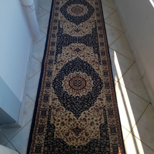 Rug set used, 3 pieces, blue beige with burgundy, thick pile