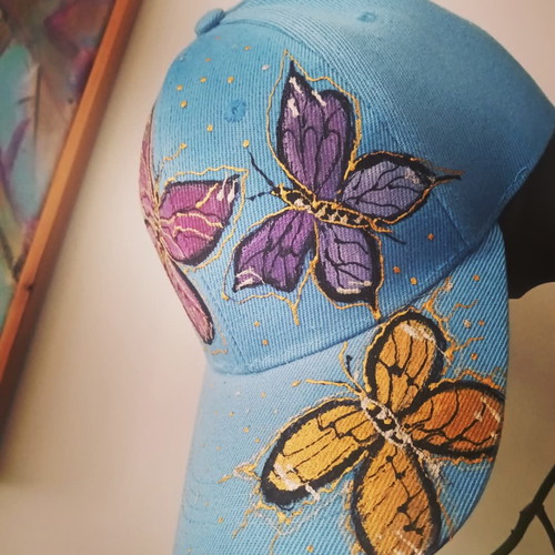 Jockey hat new hand-painted, beige and blue