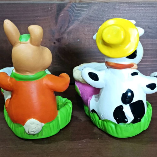 Ceramic children's egg holders rabbit and cow new, set of 2