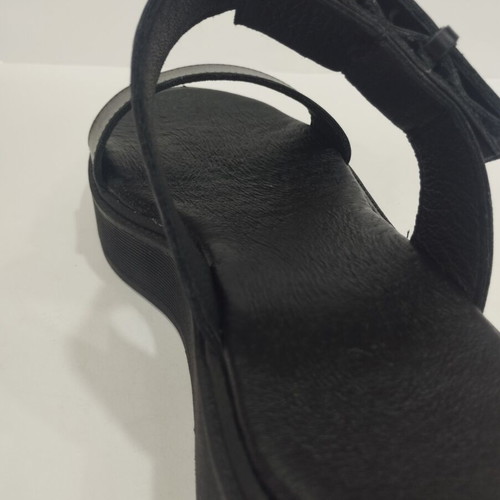 Black leather platform sandal with gold buckle, size 38