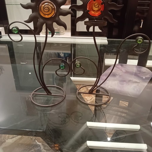 Decorative candle holders set of two used, wrought iron sun design