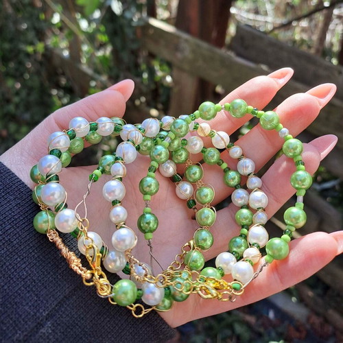 Fairycore bracelet set with green beads and pearls new