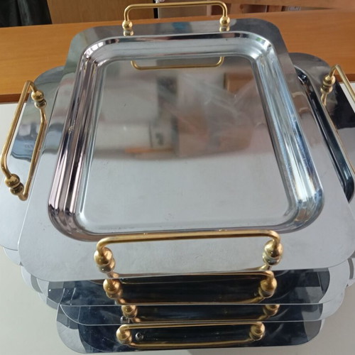 Serving trays like new, pack of 8, inox with gold handles 31x42 cm