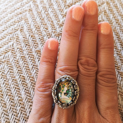 Handmade adjustable antique silver ring with Alfons Mucha art detail