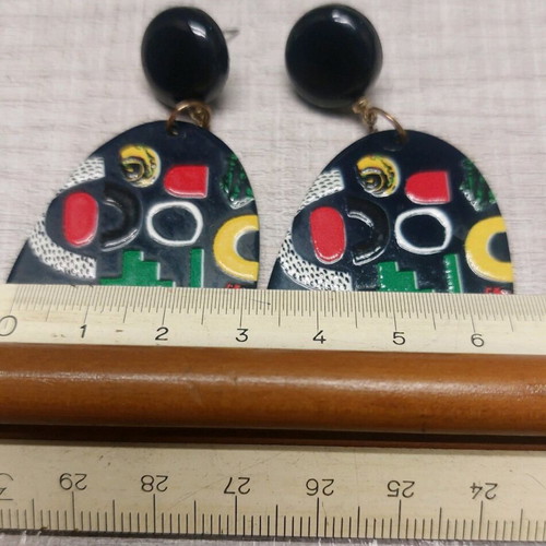 Modern Faux Bijoux Plexiglass Earrings Black with Multicolor Details Like New