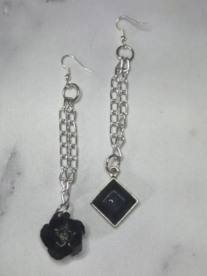 Handmade magical earrings made to order, black and silver with flower and rhombus