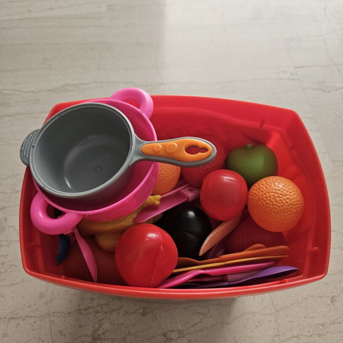 Play Food Set used with fake fruits, vegetables, sweets, and utensils