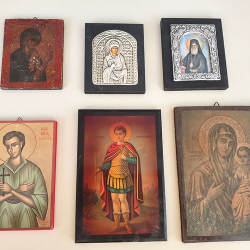 Christian icons used, set of 6 Greek small to medium size (1970-1990)