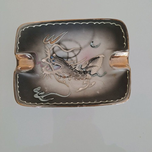 Vintage mid century dragon porcelain ashtray used, hand painted