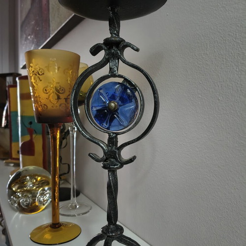 Handmade metal candlestick with blue glass detail, like new