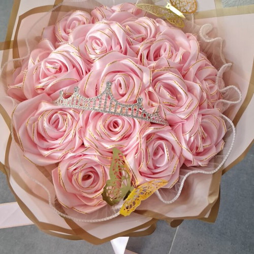Handmade satin rose bouquet with tiara and golden butterflies