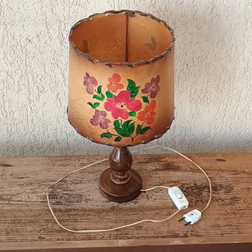 Vintage handmade wooden table lamp with paper shade used