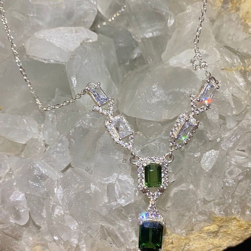 Silver necklace with natural indicolite, green tourmaline, topaz and moissanite