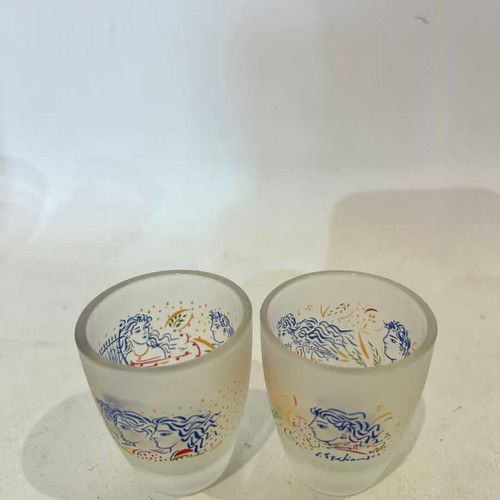 Vintage set of 2 collectible shot glasses signed by G. Stathopoulos used