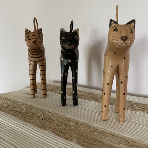 Handmade wooden cat set of 3 with wire tails, new