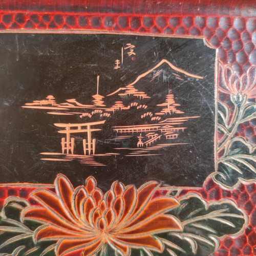 Japanese 1970s Lacquerware Carved Wooden Tray Red/Black 33x23cm like new
