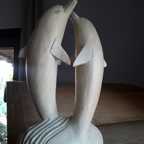 Wooden dolphins decorative sculpture used, height 21 cm
