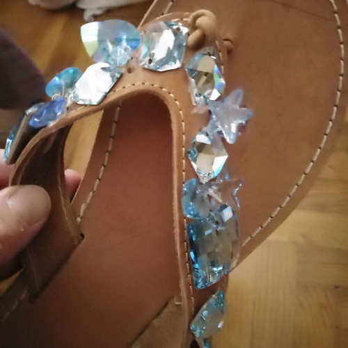 Handmade women's sandals like new, genuine leather, beige with blue stones, size 40-41