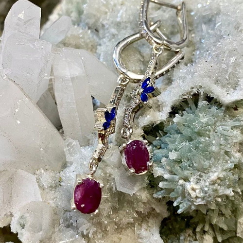 Handmade silver earrings with natural ruby, sapphire and moissanite