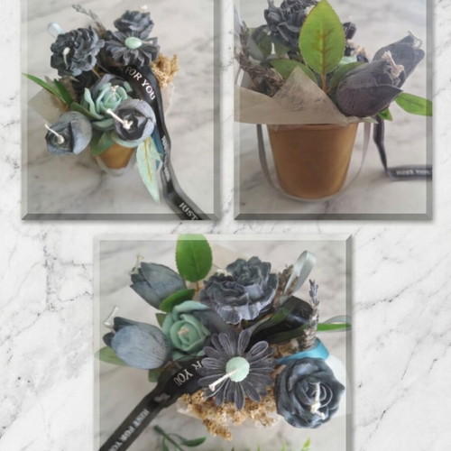 Wax flower bouquet in paper pot, customizable color and scent