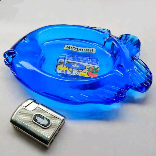 Blue glass fish-shaped ashtray like new from Mytilene