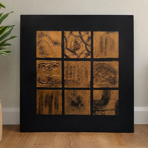 Handmade Embossed Wall Art 100x100 cm, Black & Gold Bronze