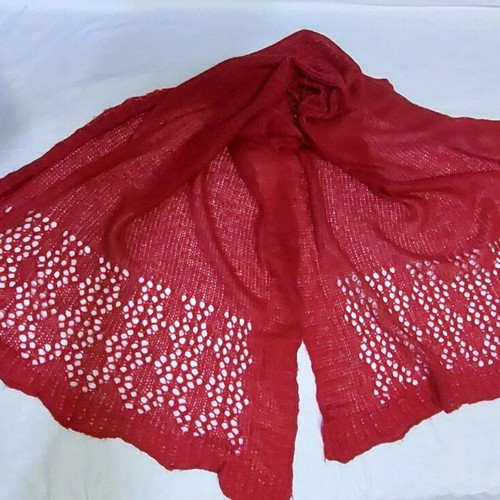 Knitted thin wool shawl-pashmina like new, red with diamond pattern
