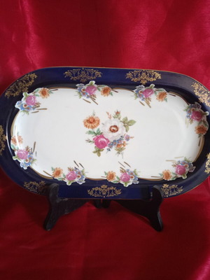 Porcelain elongated platter cobalt blue like new 35x20 cm