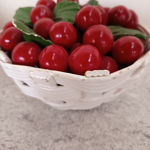 Vintage decorative basket with cherries and leaves used, ceramic porcelain