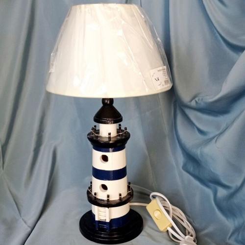 Wooden table lamp lighthouse with new lampshade and LED bulb like new