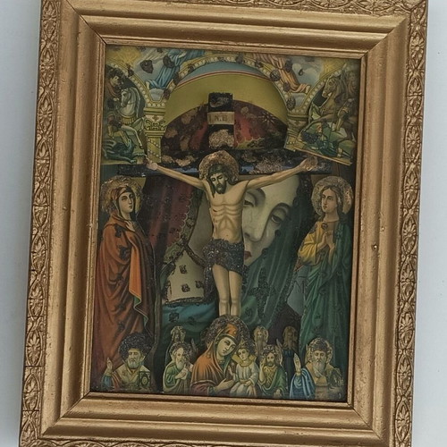 Vintage religious icon used with depth 'The Crucifixion of Jesus' framed with glass