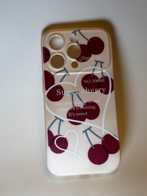 iPhone 15pro case with cherries and hearts beige red like new