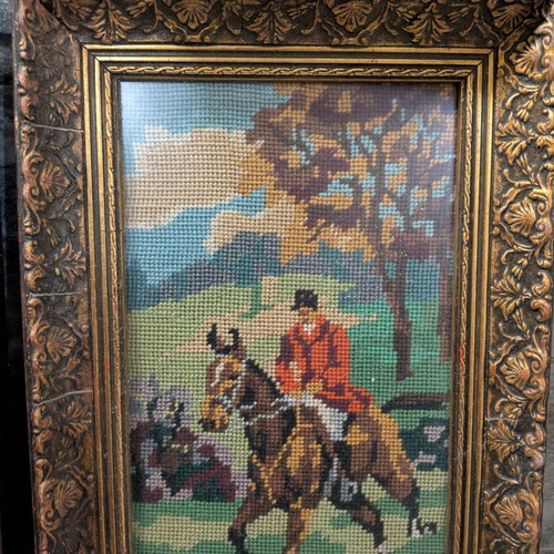 Embroidered paintings used with baroque frames, 1950s, hunting scenes