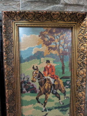 Embroidered paintings used with baroque frames, 1950s, hunting scenes