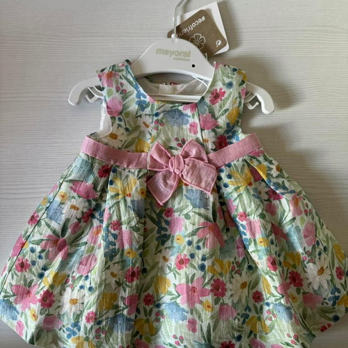 Mayoral baby linen dress with flower pattern, new, size 2-4 months