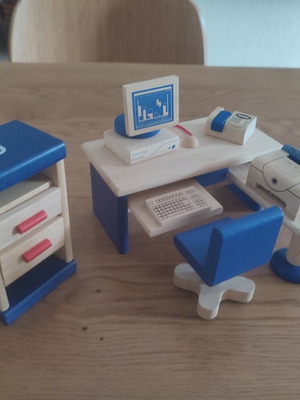 Pintoy Wooden Dollhouse Office Set used, desk, chair, computer