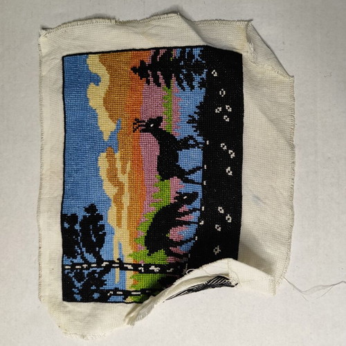 Vintage embroidery landscape with deer and sunset used